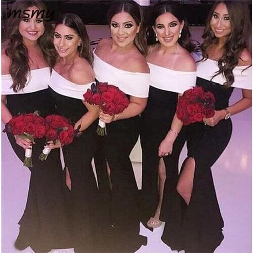 Black with White Bridesmaids Dresses New Gothic Wedding Guest Dresses Mermaid Off Shoulder Front Split Long Maid of Honor Gowns