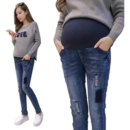 Denim Maternity Scratch Belly Jeans With Holes Adjustable High Elastic Waist Jeans Pants for Pregnant Women Pregnancy Trousers