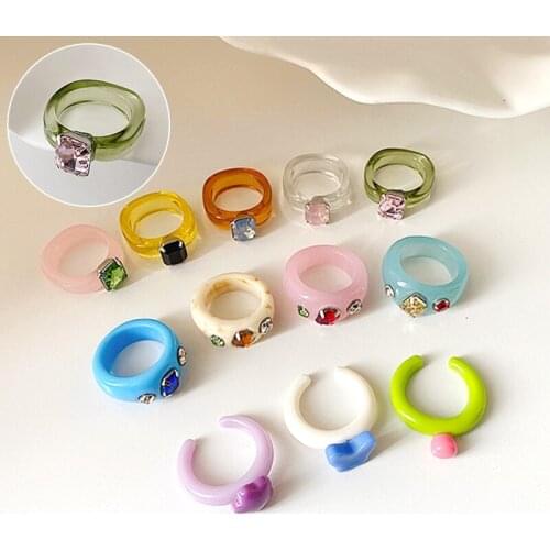 New Transparent Resin Ring Acrylic Rhinestone Colorful Geometric Square Round Irregular Vintage Rings Women Party Travel Gifts