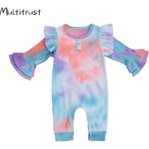 Newborn Baby Girl Romper Flare Long Sleeve Kids Tie Dye Knitted Cotton Rompers Autumn Baby Girls Clothes Toddler Girls Jumpsuits