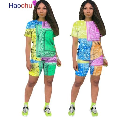 HAOOHU Sexy Bandana Print Two Piece Set Short Sleeve T Shirt Top Biker Shorts for Women Summer Outfits Tracksuit Matching Sets