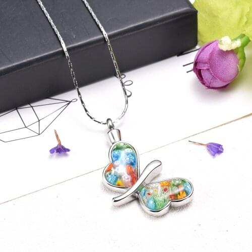 38mm Millefiori Glass Beautiful Butterfly Urn Pendant Necklace for Ashes Cremation Jewelry Charms for Women Girl CMJ8117