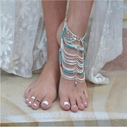 Multi-storey Tassels Stone Pendant Chain Ankle On Leg Foot Jewelry Boho Charm Anklets for Women Accessories S1931
