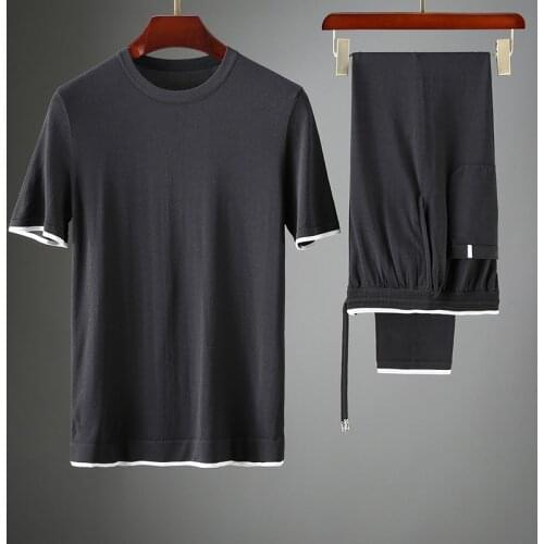 JSBDSummer high-end knitting two-piece silk breathable fabric men casual color contrast short sleeve sports suit thin