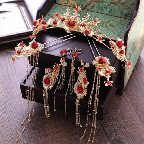 Brides Chinese style red tiara earrings tassel crown hair wear wedding hair accessories