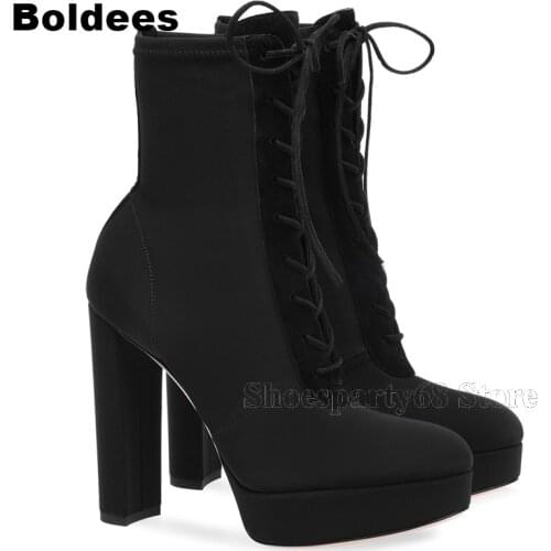 New Designer Black Leather Lace Up Winter Snow Boots Women Cross-tied Thick Platform Block High Heeled Boots