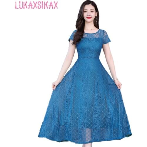 LUKAXSIKAX 2020 New Women Summer Dress High Quality Korean Slim Lace Dress Plus Size S-5XL Loose Casual Long Dress
