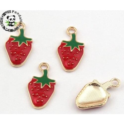 Pandahall 100pcs Alloy Enamel Pendants for necklace jewelry making, Strawberry, Light Gold, 20x10mm F60