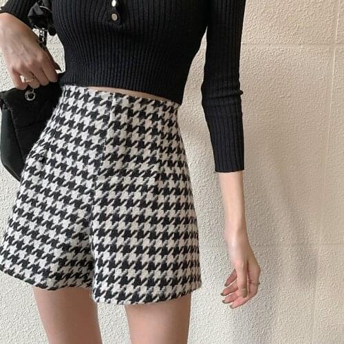 Limiguyue Spring Women Shorts Wide Leg Short Pants Fashion High Waist Woolen Tweed Checkered Lady Shorts Trousers Pantalon K355