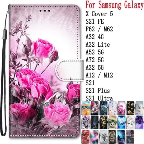 Sunjolly for Samsung Galaxy X Cover 5 S21FE S21 Plus S21 Ultra F62 A32 A52 A7 Flip Wallet PU Phone Leather Case Cover coque capa