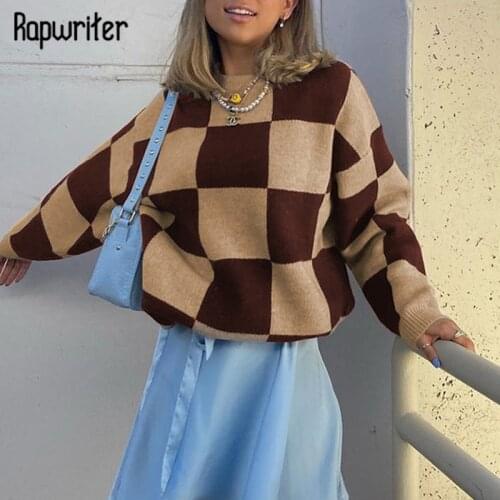 Rapwriter y2k Plaid Sweater Vintage Knitted Jumpers Autumn Long Sleeve Pullovers Harajuku Women Clothing 2000s Streetwear Retro