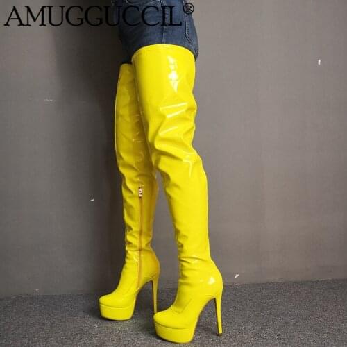 2020 New Plus Big Size 34-52 Yellow Zip Fashion Sexy Thigh High Heel Platform Over The Knee Autumn Winter Lady Women Boot X1869