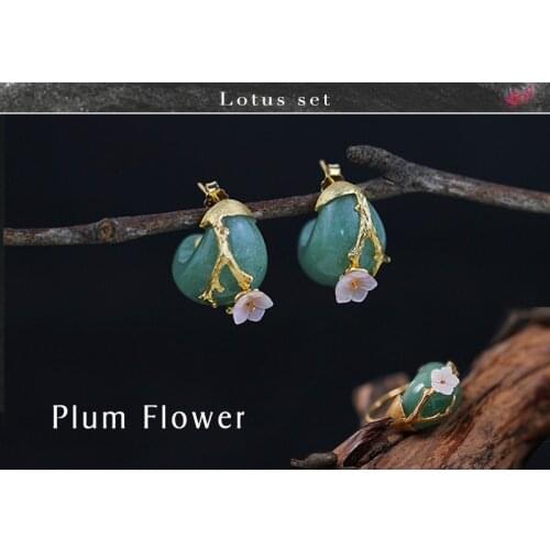 Lotus Fun Moment Real 925 Sterling Silver Natural Creative Handmade Fashion Jewelry Plum Flower Jewelry Set with Ring Earring
