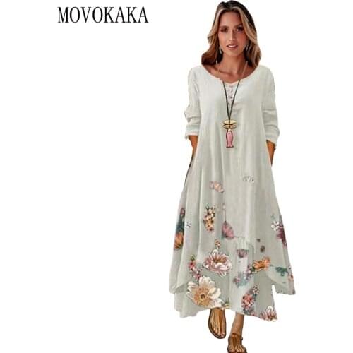 MOVOKAKA New Button White Long Dress Women Elegant Floral Print Long Sleeve Dress Button Casual Plus Size Vestidos 2021 Dresses