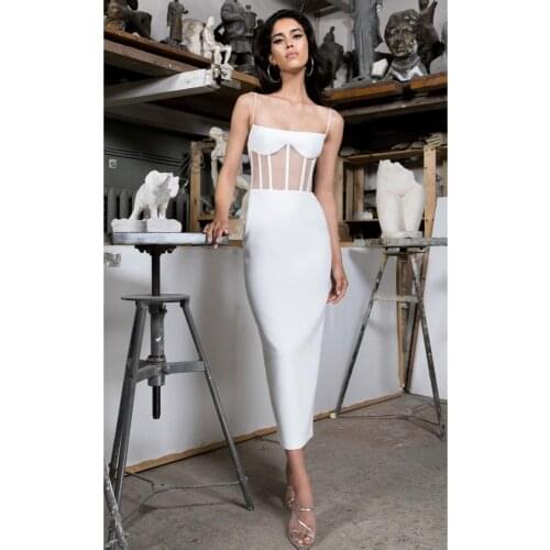 Summer New White Black Spaghetti Straps Midi Bandage Dress Elegant Vintage Vestios Bandagem Celebrity Women Night Party Dress