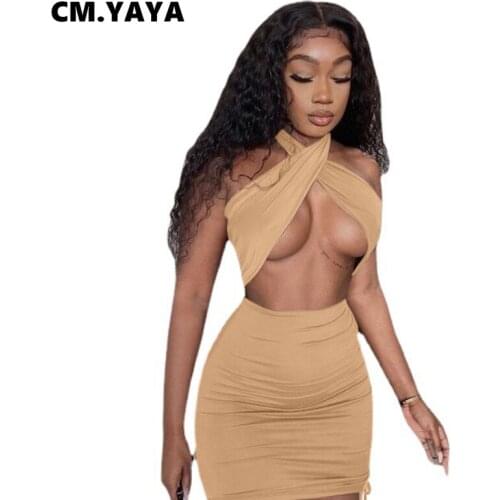 CM.YAYA Women Dress Solid Sleeveless Halter Hollow Out Shirring Sheath Elastic Mini Dresses Sexy Night Club Party Dress Fashion