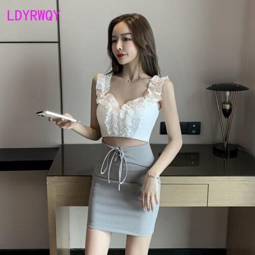LDYRWQY summer of 2021 one character shoulder deep V low breast wrap hip temperament backless lace Mosaic female sheath dress