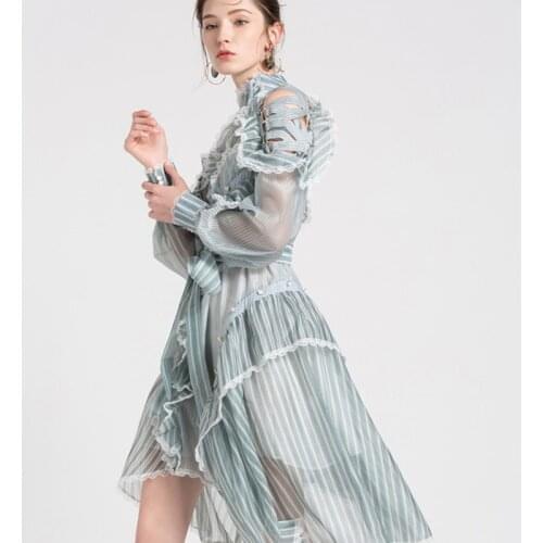 SIPAIYA Brand Quality Women Organza Dresses High Street Special Shoulder Tie Up Design Perspective Striped Slim Bow Lady Dress