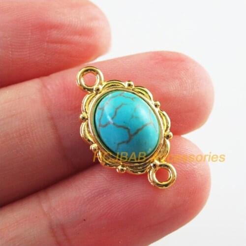 20Pcs Gold Plated Retro Retro Flower Oval Stone Charms Connectors 12x21mm