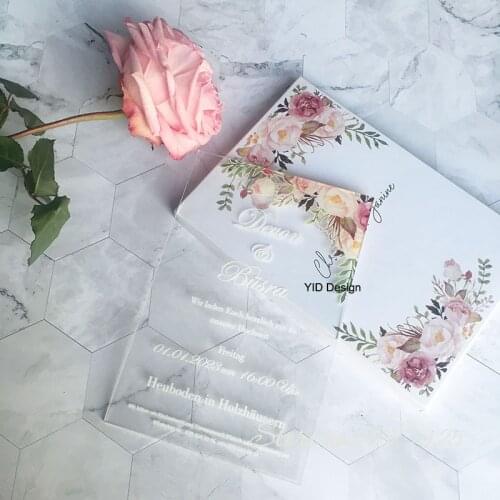 Acrylic wedding invitations convite personalized luxury romantic acrylic invitation card hot sell flower wedding cards with box