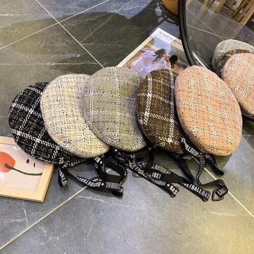 Ribbon Plaid Beret Hat Autumn/Winter Japanese Wild Retro Big Head Woolen Painter Hat Womens Hat