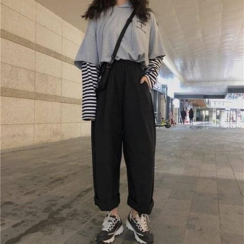 Blac High Waist Loose Pants Streetwear Female Casual Pants Lasdies Patchwork Pencil Sweatpants Cool Autumn Bottom Korean Pants