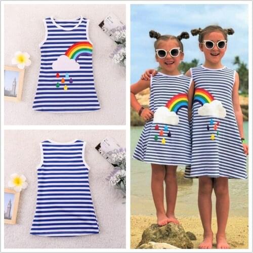 Children Sleeveless Tank dress Girls Kids Blue strip Cotton dress Sister Rainbow Cloudy fashion cute Preppy dress DR19131