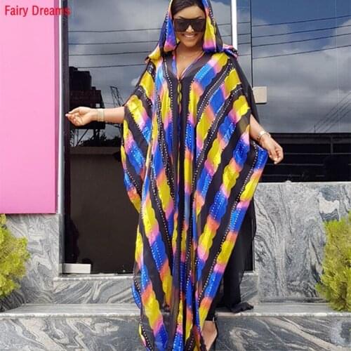 Long Dress African Womens Loose 2 Piece Clothing Pearl Chiffon Digital Printing Beads Robe With Hijab and Inner Maxi Vestito