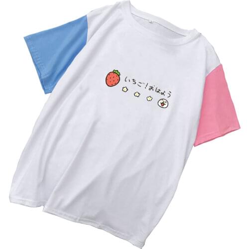 Fashion Spell Color Splicing T Shirt Women Summer Tops Ladies Harajuku Short Sleeve Loose Kawaii Strawberry Print Cotton T-Shirt