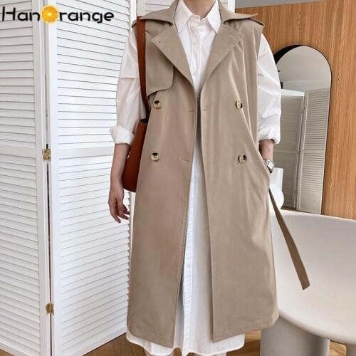 Spring Autumn Korean Sleeveless Trench Coat Women Loose Long Vest Adjustable Waist