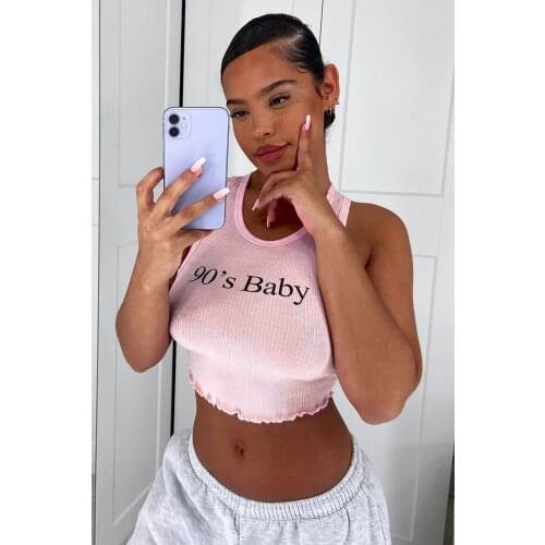 Hirigin 2021 summer European and American alphabet short pink thread navel casual round neck slim top vest female fashion