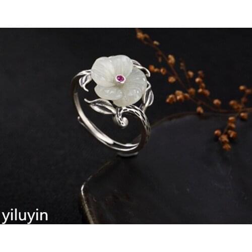 KJJEAXCMY Boutique jewelry S925 Sterling Silver Antique inlay and jade white jade plum blossom lady high-end open ring