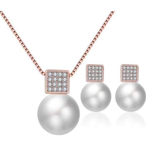 Fashion inlaid Pearl Square Rose Gold Necklace Earring Set . Bride Wedding Necklace Jewelry Set
