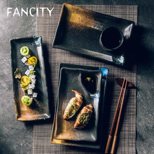 FANCITY Creative Rectangular Plate with Grid Plate Retro Ceramic Plate Sushi Plate Dumpling Flat Plate Dish Tableware Porcelain