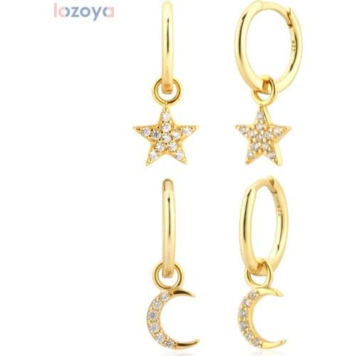 Lozoya 925 Jewelry Gift Sterling Silver Gold Star Moon Zircon CZ Charm Drop Earring Dangle Fashion Fine 2021 Wedding Tiny Clips