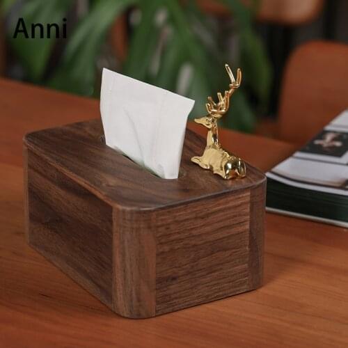 Copper Deer Decorative Tissue Box Cover European Simple Walnut Wooden Desktop Pumping Paper Towel Boxes Living Room Decoration