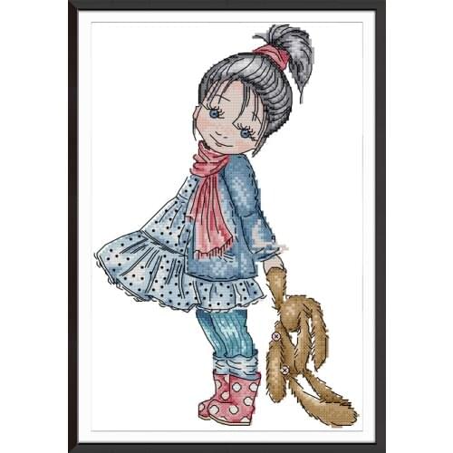 Little girl taking a walk cross stitch kit aida 14ct 11ct count print canvas cross stitches needlework embroidery DIY handmade