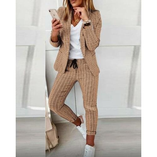 2021 New Elegant Plaid Two-pieces Women Blazer Casual Streetwear Suits Female Blazer Set Chic Office Ladies Women Coat Suit