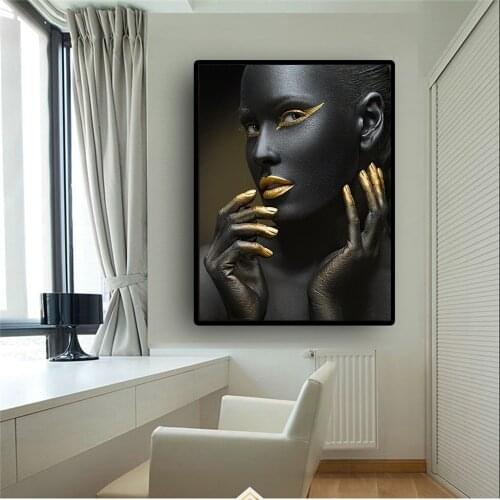 Enchanting Golden Sexy Black African Nude Woman Canvas Painting Posters and Prints Wall Pop Art Picture for living Room Decor