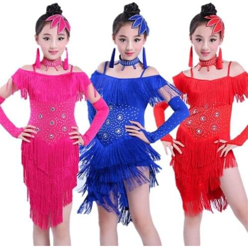 Kids Latin Dance Dresses for Girls Fringe Dress Tassel Salsa Sequin Stage Ballroom Performance Dancing Practice Clothing