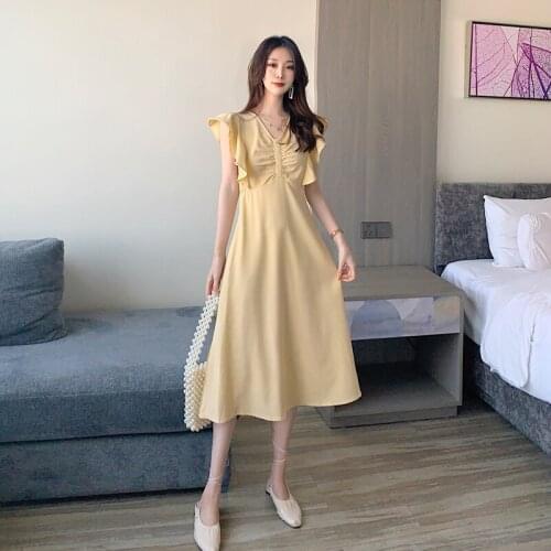 Lotus Leaf Dress Butterfly V-neck Retro Design Chic French Style Mid-length Short Sleeve High Waist Solid Color Dresses