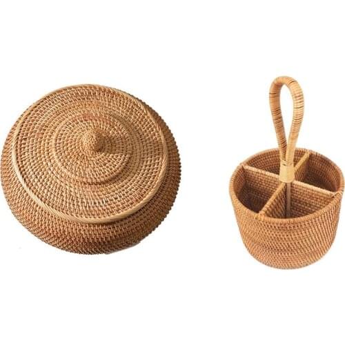 Hand-Woven Rattan Storage Basket Round Four Compartment With Rattan Boxes Lid Hand-Woven Multi-Purpose Wicker Tray