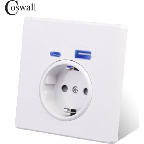 Coswall Type-C Interface Outlet, Wall PC / Crystal Panel EU Russia Spain French Standard Socket With USB Charge Port White Black