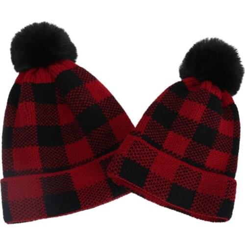 Christmas Parent-Child Hat Baby Girls Boys/Adult Knitted Hat Plaid Print Balls Woolen Winter Warm Beanie Hat 0-3Y Babys