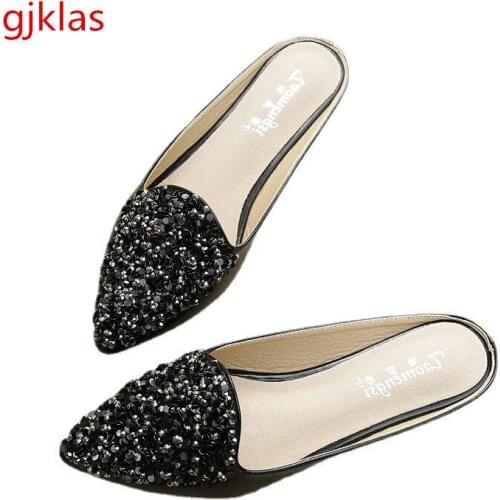 Crystal Mules Shoes Women Half Slippers Size 43 Pointed Toe Outdoor Slippers Female Summer Shoes Flats Casuales Women Slippers