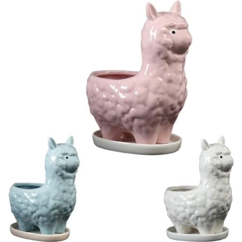 Cute Llama Succulent Planter Pot with Drainage Tray, White Ceramic Cactus/Flower Container, Animal Alpaca Bonsai Holder