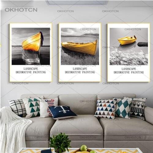 Nordic Canvas Painting Simple Black and White Scenery Golden Boat Poster Printed Art Picture Minimalist Living Room Bedroom Wall