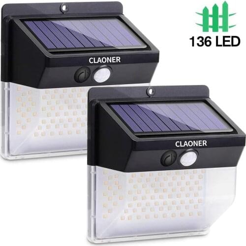 136 LED 3 Modes Solar Lights Outdoor Solar Lights with 270° Wide Angle IP65 Waterproof Solar Motion Light for Yard Garage Fence