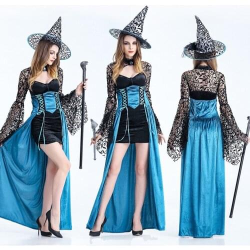 Halloween Adult Witch Cos Masquerade Performance Blue Skirt