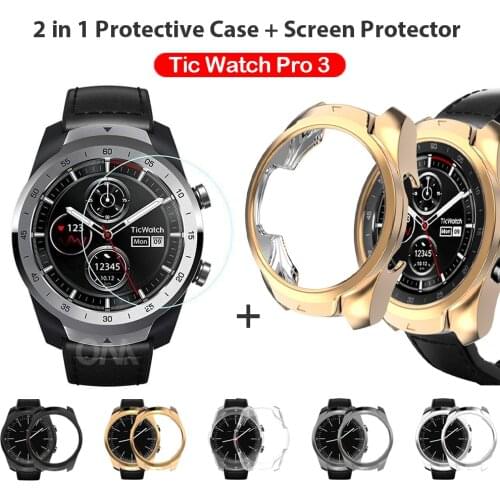 2-in-1 Protector Case + Screen Protector for Ticwatch Pro Smart Watch Silicone Cover Tempered Glass Film for Tic Watch Pro 3